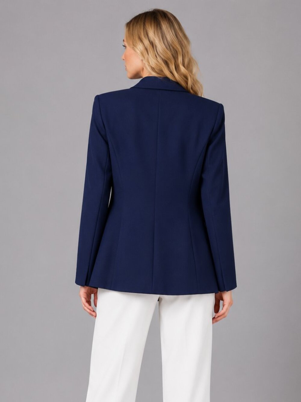 Women's Navy Blue Notch Lapel Blazer Office Business Casual Long Sleeve Jacket - Picture 2 of 5